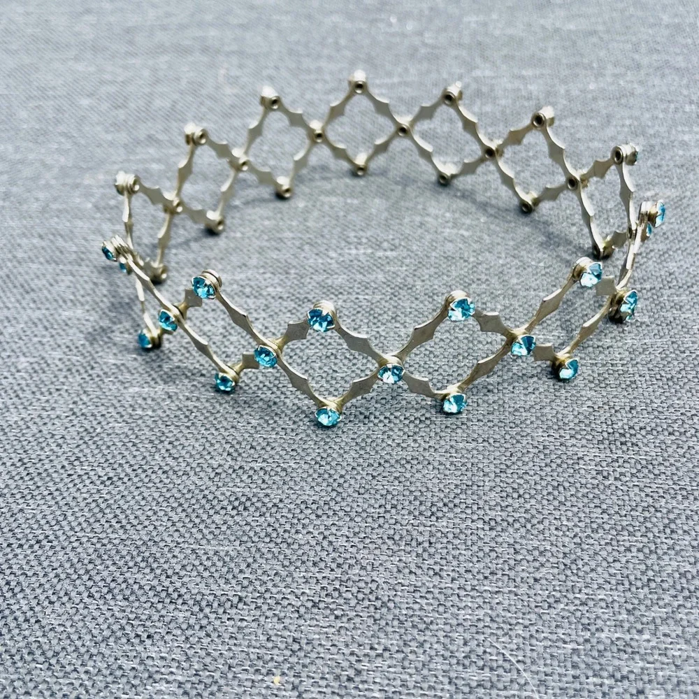 Vintage 1950s Expandable Chignon Hair Bun Cage‎ Silver Tone Blue Rhinestones
